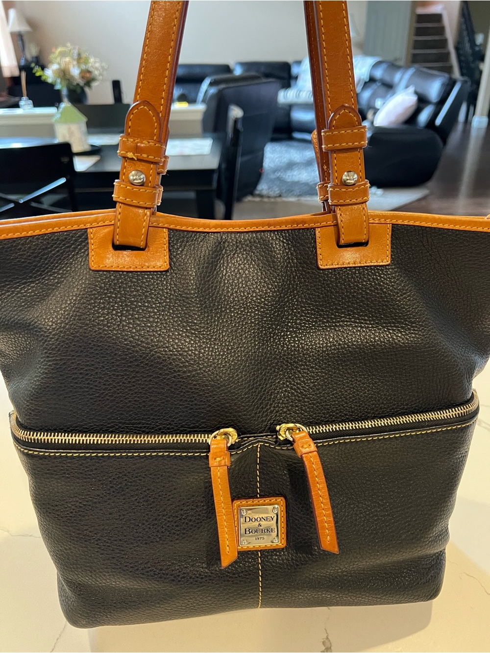 Dooney & Bourke Black with Tan Trim Pebbled Leather Tote